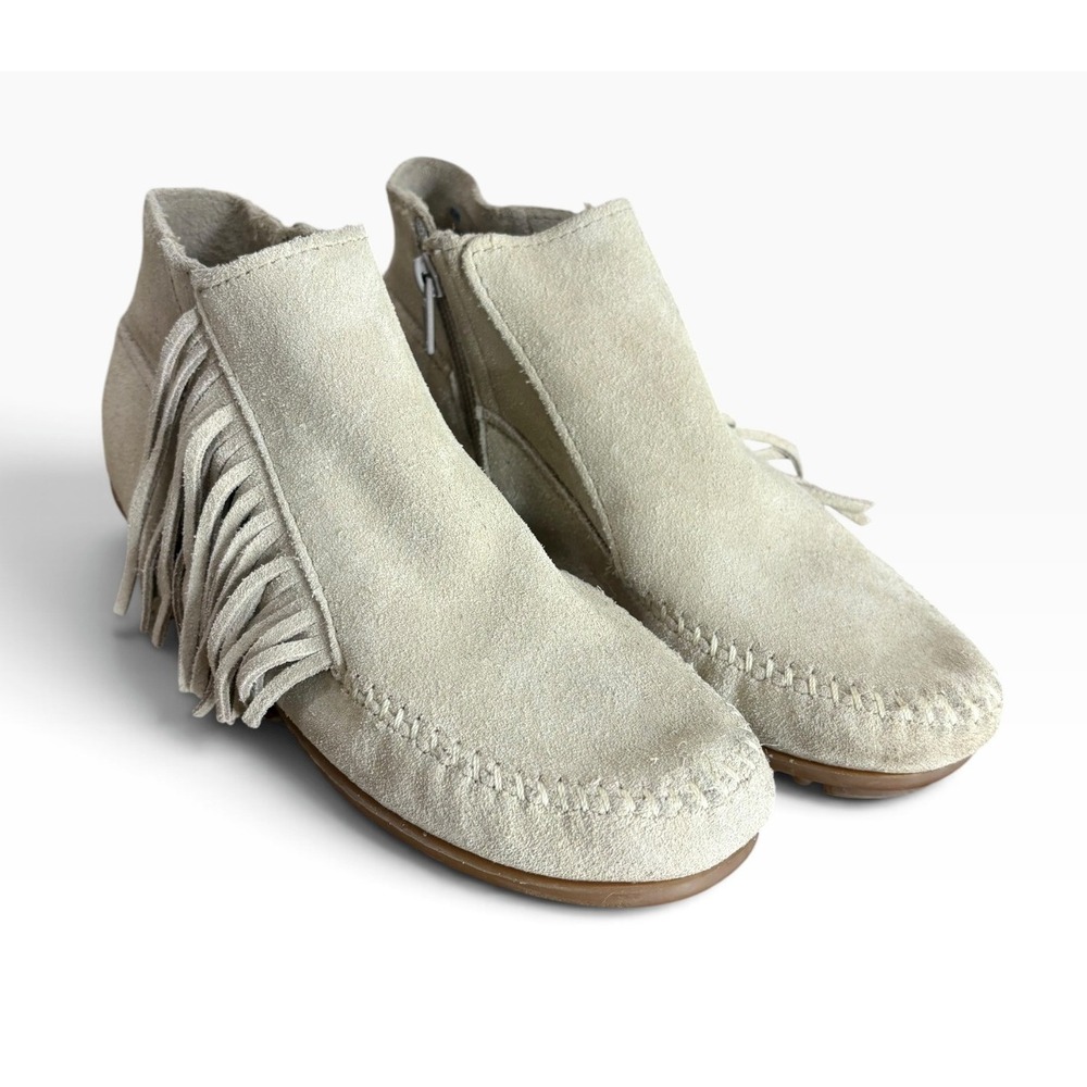 Minnetonka Lacy Suede Fringe Ankle Boots Boho Festival Hippie Moccasin Zip Shoes